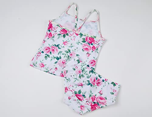 Girls Swimwear Two Piece Swimsuits Tankini Set For 10-12 Years Old Kids Rose Print White Beach Bathing Suits With Upf 50+ Sun Protection #TOP2