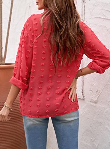 Astylish Womens Casual Tops V Neck Solid Tunic Long Sleeve Button Up Shirts Ladies Loose Fit Pompom Blouse Tops Red X-Large #TOP4