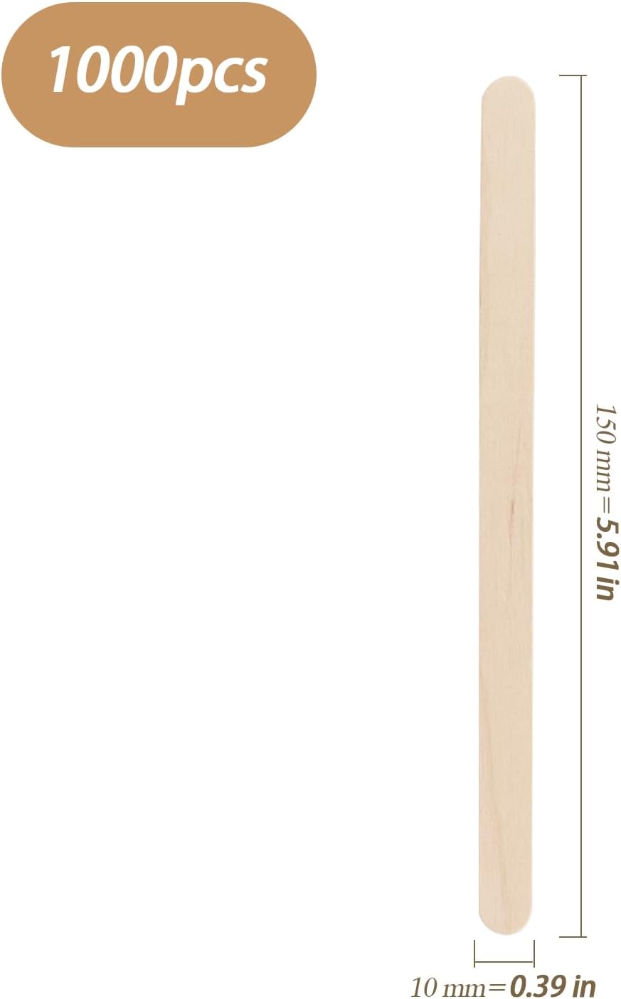 1000 PCS 6 Inch Popsicle Stick, Wood Craft Sticks Bulk, Lollipop Sticks, Ice Cream Popsicle Sticks for Craft Waxing Supplies, 6 x 0.4 x 0.08 Inch