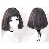 Perruques courtes Bob droites avec frange mignonne pour femmes, perruques synthétiques sans lacet avec frange à mâcher pour chien pour une fête cosplay ou quotidienne (noir naturel, 12 pouces / 30 c