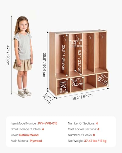 Image of VEVOR 4-Section Coat Locker with Bench, Kids Lockers with 8 Hooks & Non-Slip Mat, Classroom Cubbies for Daycare, Home, Kindergarten- Natural