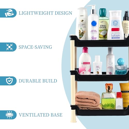 Image of Kuber Industries Plastic Shelf Rack for Storage | Multipurpose Three Layer Storage Organizer Rack for Household, Office, Bedroom, Kitchen, Living Room - Brown