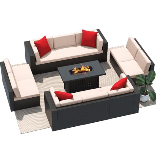 Image of Greesum Patio Furniture Sets 11-Pieces Outdoor PE Rattan Sectional Sofa w /43in Gas Fire Pit Table 55000 BTU Add Warmth to Gatherings Parties On Deck Garden Backyard,Beige