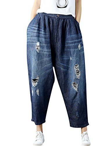 Youlee Frauen Patchwork Haremshose Zerstört Jeans Wide Leg Jeans Style 4 Deep Blue Cover
