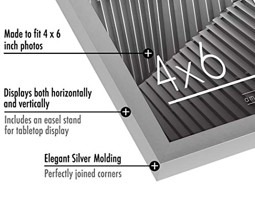 Americanflat 4x6 Picture Frame with Shatter-Resistant Glass - Streamline Collection - Thin Border Photo Frame for Tabletop and Wall Display - Hanging Hardware and Easel Stand Included - Silver