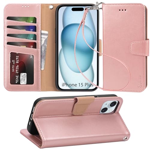 Arae Compatible with iPhone 15 Plus Case with Card Holder and Wrist Strap Wallet Flip Cover for iPhone 15 Plus 6.7 inch Rose Gold