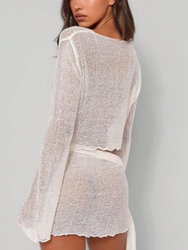 Women's 2 Piece Outfits See Through Tie Front Lettuce Trim Bathing Suit Coverups Beach Cover Up3