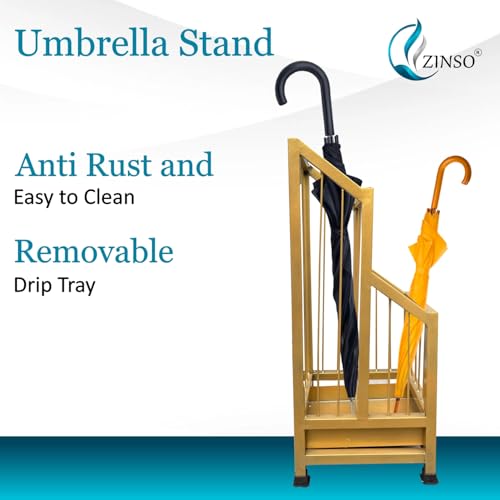 Image of ZINSO Umbrella Stand | Multipurpose Metal Black Rack | Storage Bucket for Umbrellas, Sports Equipment with Detachable Drip Tray | Easy to Clean | Made in India (No Wheels, Golden)