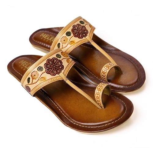 Image of Women Ladies Kolhapuri Genuine Leather Chappal Flats - Slip on Traditional Handcrafted Ethnic and Casual Toe Ring Sandals