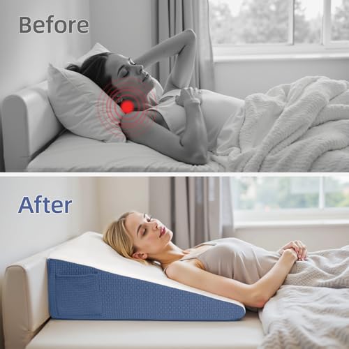 Wedge Pillow for Headboard, 12’’ Triangle Elevated Bed Wedge Pillow for Acid Reflux Relief, Sleeping, Post Surgery, Back Pain Relief, Snoring, Soft Memory Foam Top & Washable Breathable Cover, Blue