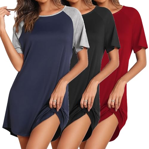 Image of Ekouaer Nightgowns for Women 3 Pack Sleep Shirts Short Sleeve Nightshirt Pullover Nightdress Soft Sleepwear