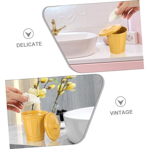 Basurero pequeño metálico con tapa diseño vintage amarillo miniatura 3