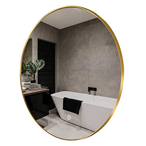 Duże Nowoczesne Okrągłe Lustro, Łazienka, Naścienne, Lustro Do Makijażu, Toaletka, Z Podświetlanym Światłem Led Light Gold Metal Oprawione, Wiszące W Pionie (Size : 60Cm(23.6Inch))