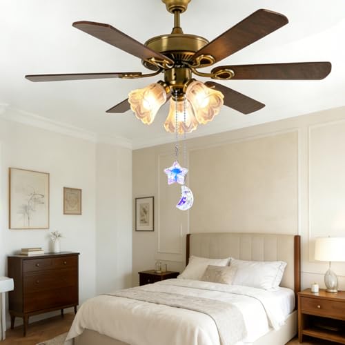 Image of 2 Pack Colorful Glass Moon and Star Ceiling Fan Pull Chain, Crystal Suncatcher Fan Lamp String Pulls Decorative Extension, 14 Inches Ball Chains Extender Ornament with Connector
