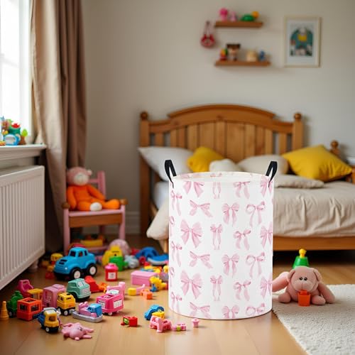 Image of Baby Laundry Basket Baby Nursery Hamper Kids Laundry Basket Toy Storage Bin for Boys Room Decor Gift Baskets for Bedroom Bathroom(Pink Bowknot)