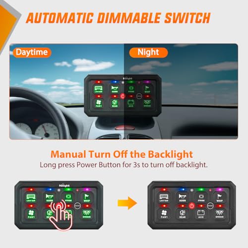 Image of Nilight 8 Gang Switch Panel Green 12V 24V Circuit Control System 4-Mode | Fuse Wiring Harness Automatic Dimmable LED Pod Toggle /Momentary /Strobe /Flash Modes for Car Pickup Truck Camper SUV
