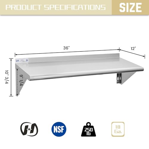 Image of Hally Stainless Steel Shelf 12 x 36 Inches 250 lb, NSF Commercial Wall Mount Floating Shelving for Restaurant, Kitchen, Home and Hotel
