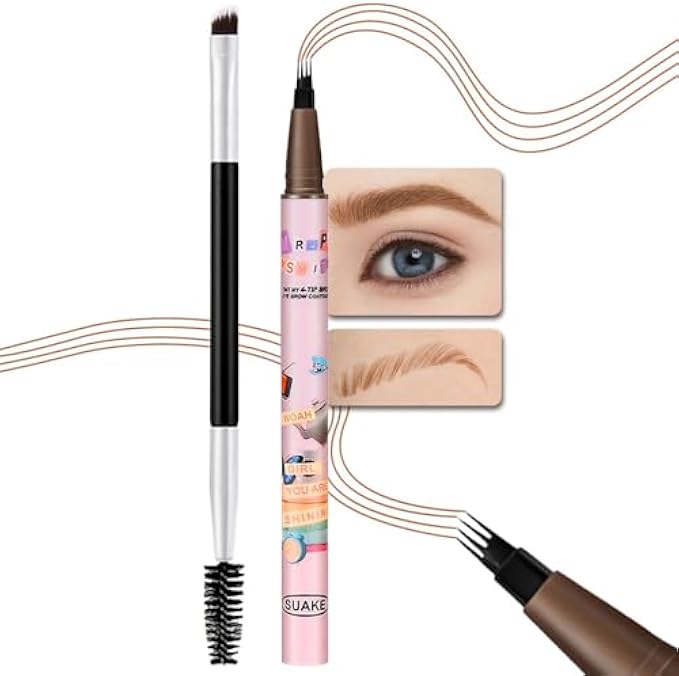 Microblading Eyebrow Pen,Eyebrow Contouring Pen,4 Tip Magic Eyebrow Pencil with Brow Brush,Magical Precise Waterproof 3d Eye Brow Pencils Creates Natural Brows Makeup,lapiz de cejas-Medium Brown-A