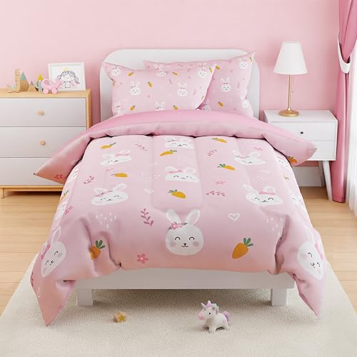 Image of SANDJEST Rabbit Comforter Set Twin Size 68x86in for Kids Girls, Microfiber 3 Pcs Bedding Set Includes 1 Comforter, 1 Pillowcase, 1 Fitted Sheet, Nursery Room Decor