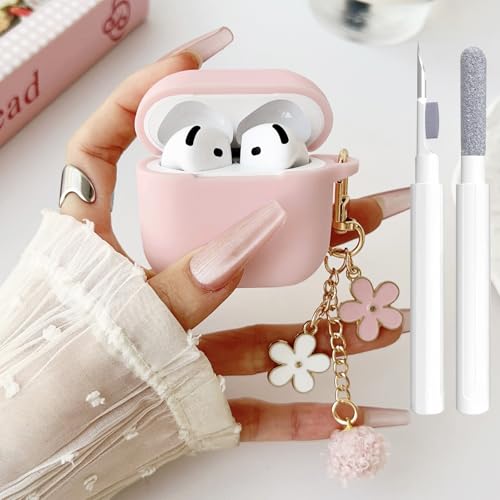 Cute Pink Case for Airpods 4 Cover for Girl Women with Pom pom Flower Charms Keychain & Cleaner Kit, Soft Silicone Airpods iPod 4th Gen Protective Cover Skin for Airpod 4 2024