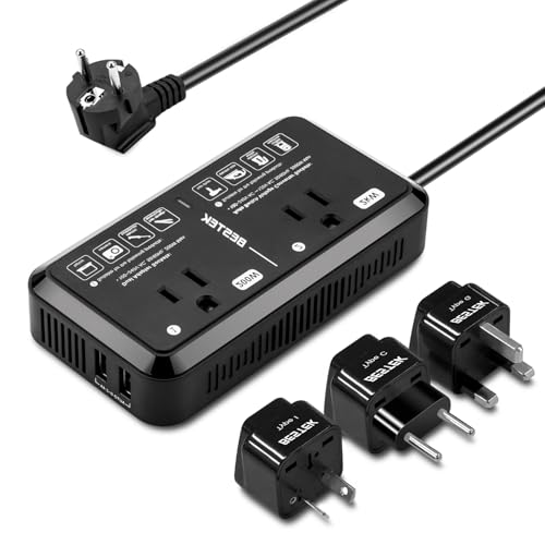 Universal Travel Adapter 220V to 110V Voltage Converter US to Europe 2000W Travel Voltage Converter with 2 USB Ports and EU/UK/AUS Plug Adapter for Hair Dryer/Curling Iron (Black)