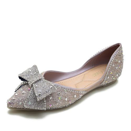 SWDZM Womens Rhinestone Pointed Flat Shoes Comfortable Dressy Slip on Low Heel Wedding Ballet Flat Shoe