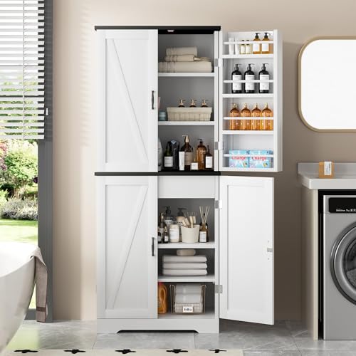 Image of Shintenchi Kitchen Pantry Cabinet, Freestanding Farmhouse Storage Cabinet with 8 Door Shelves, 2 Cabinets and 1 Drawer, Tall Cupboard for Kitchen, Living Room, Dining Room and Bathroom, White