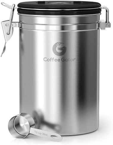 Coffee Gator Stainless Steel Canister - Large 22oz, Silver Coffee Grounds and Beans Container with Date-Tracker, CO2-Release Valve, and Measuring Scoop - Ideal Coffee Lovers Gifts for Her