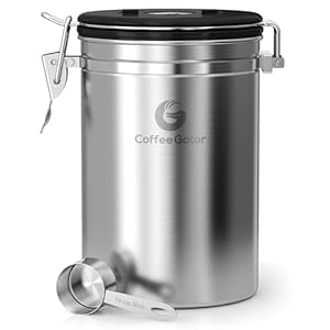 Coffee Gator Stainless Steel Canister – Large 22oz, Silver Coffee Grounds and Beans Container with Date-Tracker, CO2-Release Valve, and Measuring Scoop – Ideal Coffee Lovers Gifts for Her
