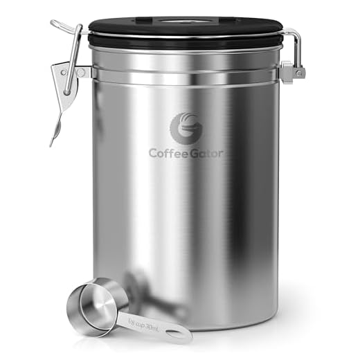 Coffee Gator Stainless Steel Coffee Grounds and Beans Container Canister with Date-Tracker, CO2-Release Valve and Measuring Scoop - Large, 22oz, Silver