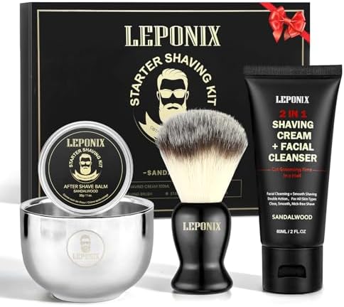 LEPONIX Men's Shaving Kit 4 Piece with Shaving Brush and Bowl Sandalwood
