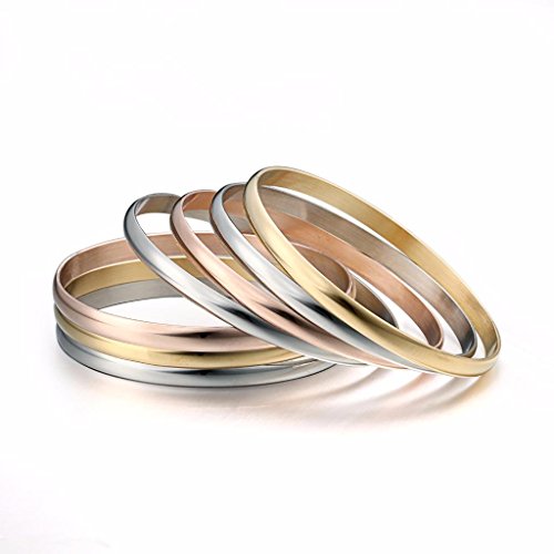 Castillna Tri-Color Silver Gold Rose Gold Bangle Bracelets for Women, Set of 7 Pieces2