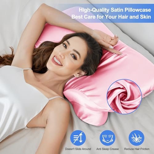 Image of Satin Pillowcase for Cervical Pillow, Ergonomic Case, Smooth & Silky Soft Sleeping Pillowcase, Pink Pillow Cover with Zipper