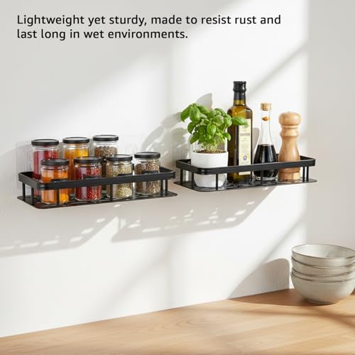 Image of Amazon Basics Self-Adhesive Aluminium Bathroom Wall Shelf | Water-Resistant | Pack of 2 | Tool-Free Installation | Black | 30D x 13W x 5.5H cm