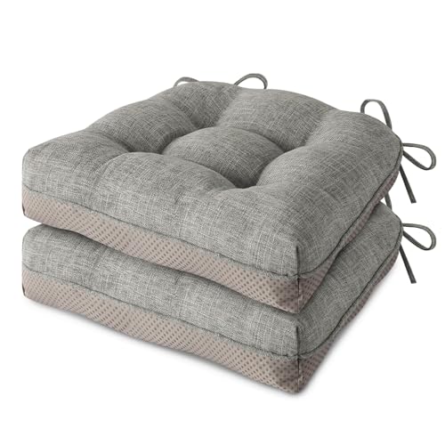MineCozy Indoor Kitchen Chair Cushions Set of 2 Non Slip Tufted Chair Pads with Ties Thick Dining Room Dining Room Seat Cushions 16'' x 16'' x 4'' Light Grey