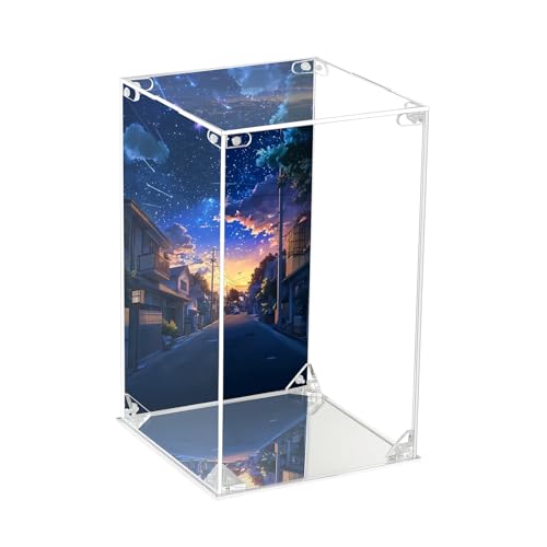 CHILLCASE UV Printed Background Acrylic Display Case with Mirror Base Anime Scene Clear Display Box Stand for Collectible Showcase for Action Figures Models PVC(Night,5.9×5.9×9.8 inch