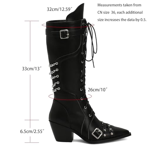 KysBloes Women Gothic Knee High Cowboy Boots Pointed toe Patent Leather Tall Boots with Chain,Victorian Goth Boots Lace Up Knee High Boots2