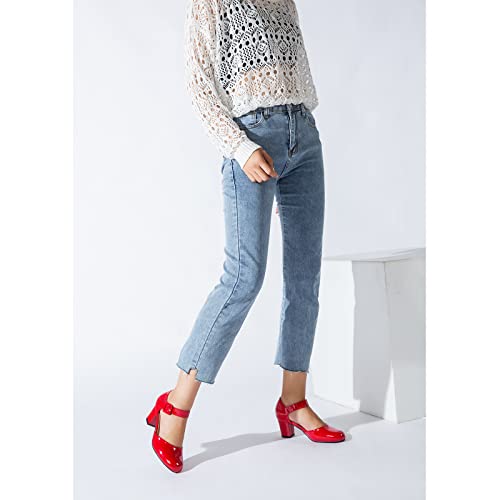 Eugisy Women's Ankle Strap Pumps Closed Round Toe Buckle Low Chunky Block Heel D'orsay Sandals Dress Wedding Party Shoes Red Pu 44-11Us #TOP2