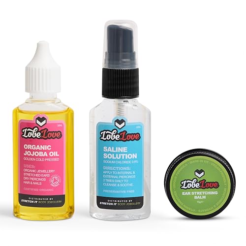 Stretch It - Ear Stretching Aftercare Trio, LobeLove, Premium Ear Stretching Balm, Jojoba Oil, Organic & Professional Saline Solution Spray