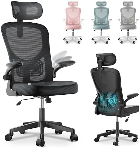 JUPPLIES Silla Escritorio Ergonómica - Silla Oficina Ajustable y Reclinable con Soporte Lumbar, Reposacabezas Ajustable, Reposabrazos Plegables, Malla Transpirable, Ruedas 360°, Soporta 120 kg
