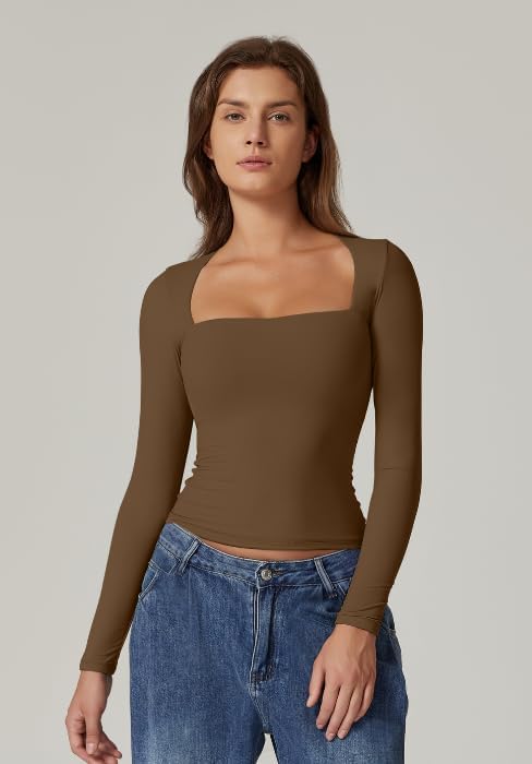 QINSEN Women's Sexy Square Neck Shirt Long Sleeve Double Lined Tees Fitted Going Out Tops - Image 3