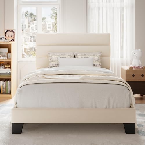 Image of Allewie Twin Size Platform Bed Frame with Fabric Upholstered Headboard and Wooden Slats Support, Fully Upholstered Mattress Foundation /No Box Spring Needed /Easy Assembly, Cream