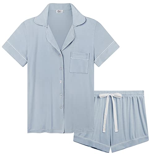 Joyaria Womens Bamboo Viscose Pj/Sleep Shorts Set Button From Pajamas Soft Comfy(Dusty Blue,XL)