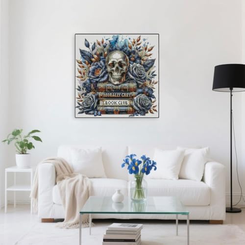 Image of Skull Stamped Cross Stitch Kits Skull and Book Cross Stitch Patterns,Dimensions Cross Stitch Kits Embroidery Kit Arts and Crafts for Beginners 13.7x13.7 inch