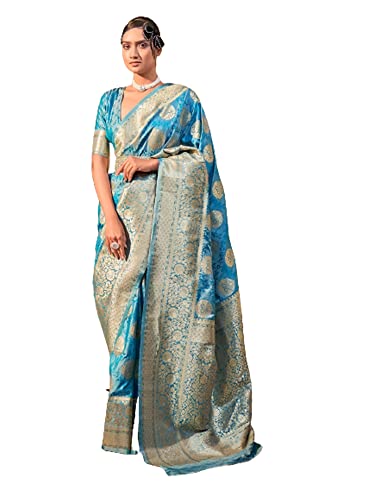 Costume indien traditionnel femme soie non cousue bleu vêtement 8204