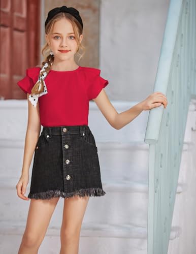 Image of Girls T Shirts Ruffle Short Sleeve Round Neck Loose Blouse Summer Solid Color Casual Girl Tee Tops for 3-12 Years