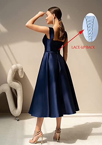 Women's Satin Mother of The Bride Dresses with Pockets A-line Tea Length Formal Evening Gown for Wedding2