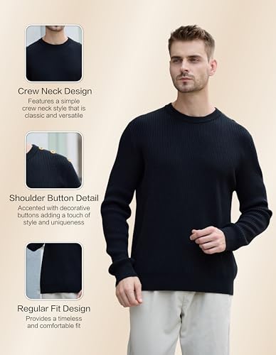 Button-Accented Shoulders Mens Wool Sweaters for Work Office, Soft Warm Knit Crew Neck Pullover Sweater for Men3