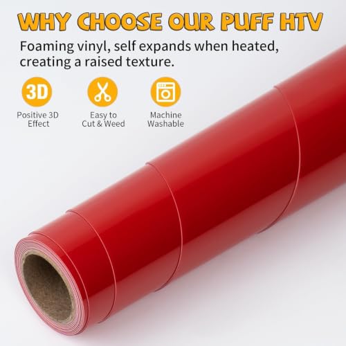 Image of VinylRus Heavy Duty Puff HTV Heat Transfer Vinyl Roll, Red, 12 inch x 5FT