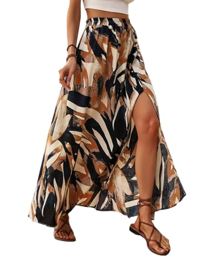 ABINGOO Jupe Longue Femme Taille Haute Elastique A-Ligne Imprimé Fleur Bohème Décontractée Plage Jupe avec Fente Latérale(Marron,2XL)